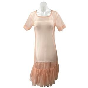 Women's Peach Orange Short Sleeve Sheer See Trough Organza Ruffle Maxi Dress S